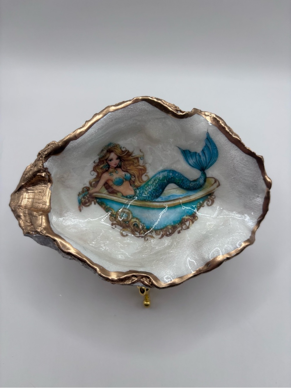 Mermaid Oyster Shell Trinket Dish in Turquoise and Gold - Picture 3 of 4